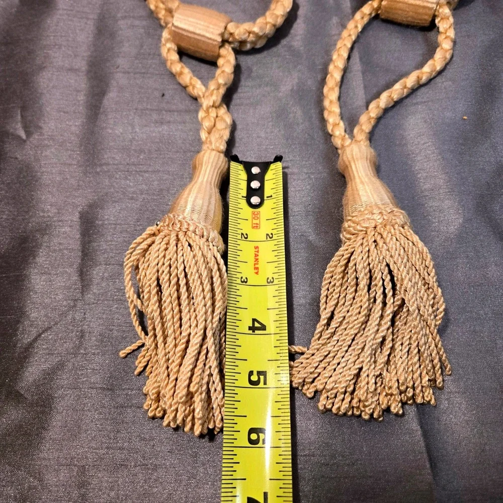Set of 2 Vtg  Beige Braided Cord Curtain Tiebacks with Tassels‎ and Wooden Beads